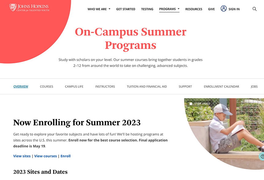 ジョンズ・ホプキンス大学 CTY OnCampus Summer Programs 2023 グローバルエデュ